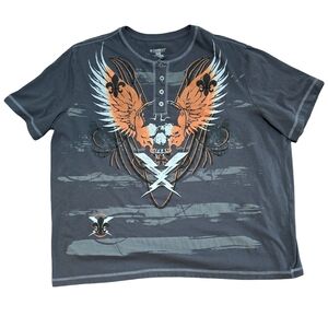 Y2k Cyber Goth No Boundaries Emo Graphic Skull Wings Grunge Henley Shirt 2X